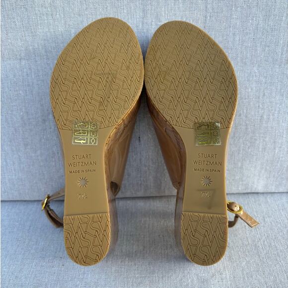 STUART WEITZMAN Wms Sz 7.5 Nude Patent-Leather Cork-Wedge Pumps 3.8" Heels SPAIN - Picture 6 of 8